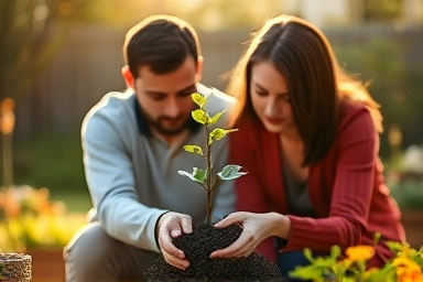 Couple nurturing relationship growth sapling garden