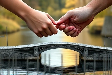 Hands building bridge over river strengthening relationship