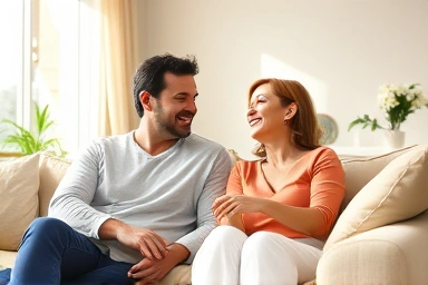 Couple sharing a comfortable and trusting moment in a sunlit living room.