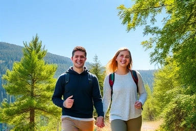 Couple hiking on a scenic trail, enjoying nature