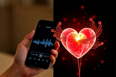 Smartphone audio wave, glowing heart, connection, warmth, voice message
