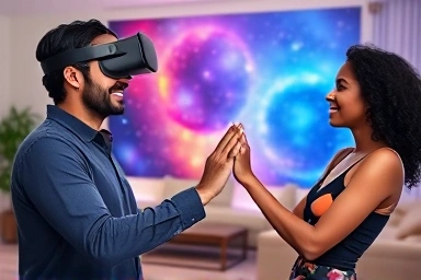 Couple connecting through VR dating, digital and real worlds blending.