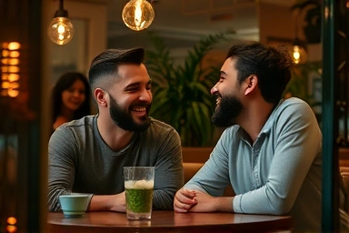 Couple enjoying conversation in a cozy, intimate cafe.