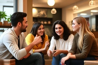 Young adults discussing relationships openly in a cafe.