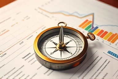 Compass on financial charts symbolizing economic prediction.