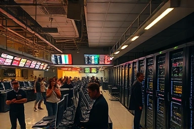 Contrast of 1980s trading floor and modern AI trading