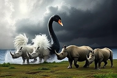 Symbolic contrast of unpredictable storm and ignored charging rhinoceros