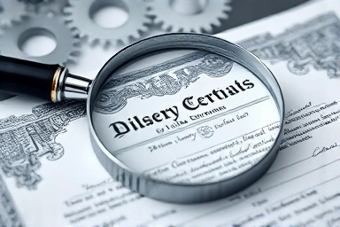 Magnifying glass analyzing stock certificate with gears and puzzle pieces