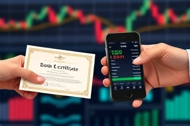 Hands holding bond certificate and stock ticker