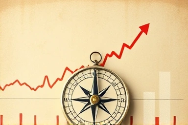 Compass pointing to stock market graph, representing market indicators.