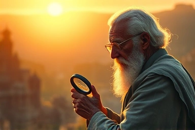 Wisdom figure observing interconnected knowledge streams