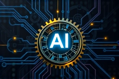 Conceptual network of gears and circuits powered by AI.