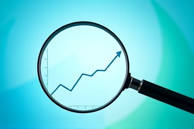 Magnifying glass over economic trend graph, representing market analysis.