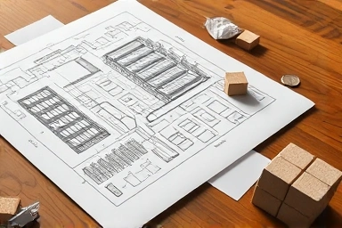 Blueprint for construction projects with symbolic economic elements.