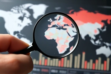 Magnifying glass on economic chart, currency symbols, market analysis.