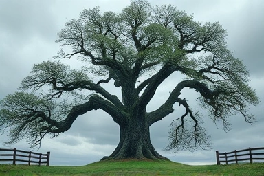 Resilient oak tree in storm, symbolizing defensive stocks.