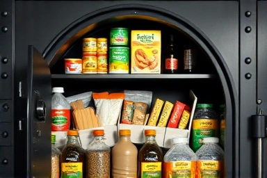 Secure vault with essential goods, symbolizing defensive investments.