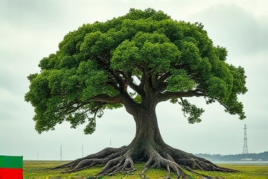 Stable oak tree weathering a storm, representing defensive stocks.
