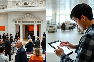 Traditional bank lobby versus modern DeFi interface