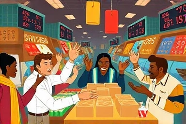 Symbolic marketplace representing stock trading and negotiation.