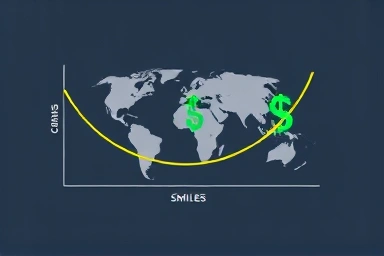 Symbolic global economic smile curve with dollar value fluctuations.