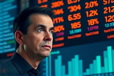 Person confused by abstract financial news symbols.