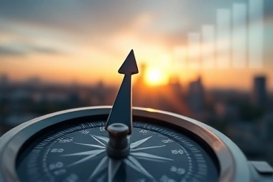 Compass guiding towards future opportunities with financial data overlay.