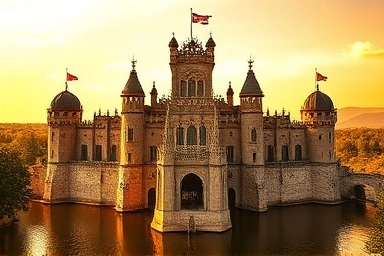 Castle with a moat, symbolizing economic moat and prosperity.