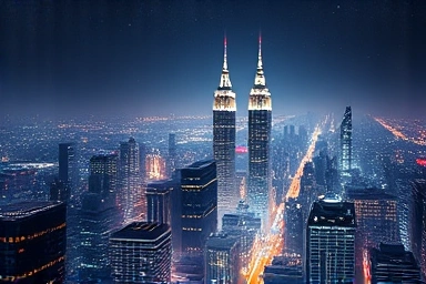 Digital cityscape with glowing network lines.