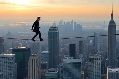 Economic balance tightrope walker metaphor
