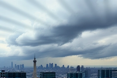 Abstract financial storm clouds gathering over a city, symbolizing economic warning signs.