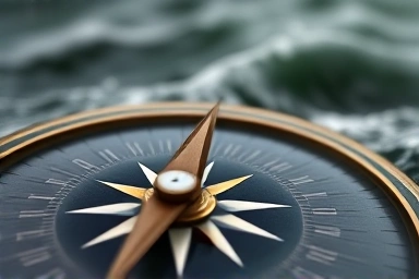 Wavering compass needle pointing towards stormy financial seas, symbolizing economic uncertainty.