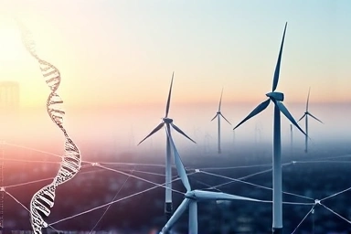 Interconnected symbols of AI, DNA, and renewable energy