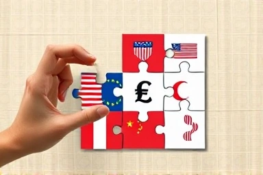 International investment puzzle pieces forming financial security