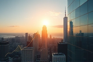 Calm vs. turbulent cityscape, upward vs. downward financial graph.