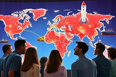 Diverse investors observing abstract global industry growth