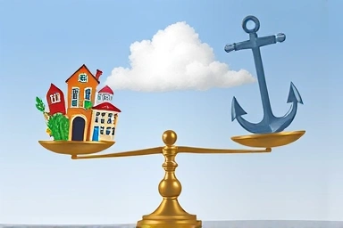 Balanced scale with portfolio assets and anchor, symbolizing stability in rising interest rates.