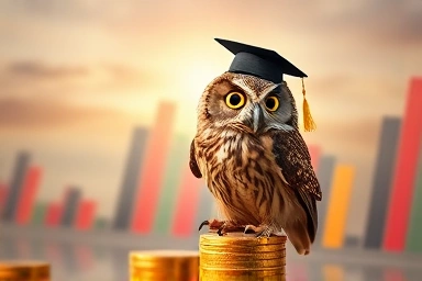 Wise owl investor on coins, symbolizing financial wisdom for beginners.