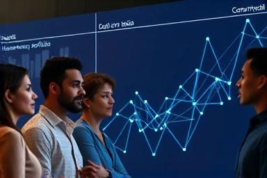 People analyzing abstract investment portfolio dashboard for insights.