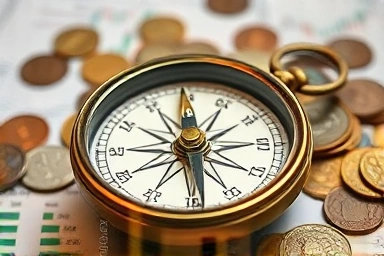 Antique compass on coins and charts, symbolizing investment lessons