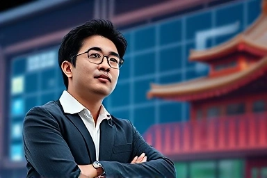 Investor analyzing upward stock market trend with Korean cultural symbols.