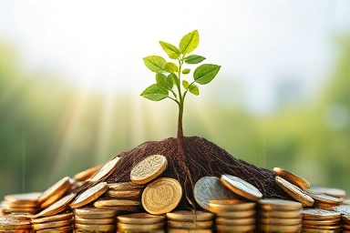 Seedling growing into a tree from coins, symbolizing corporate growth and returns.