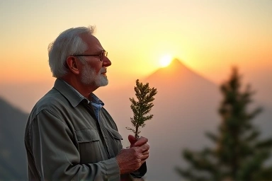 Wise investor observing long-term growth with sapling