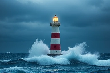 Lighthouse in stormy sea, symbolizing stable investment