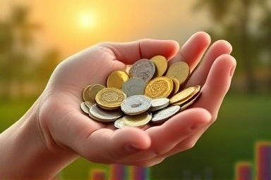 Hand holding diverse asset symbols, representing wealth growth in low interest rates.