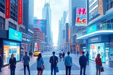 Futuristic metaverse cityscape with digital and real-world integration.