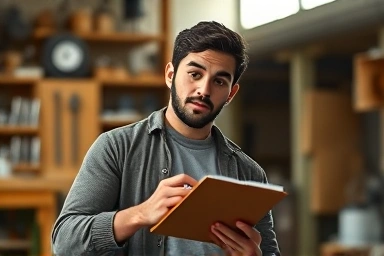 Hopeful entrepreneur sketching business plans in a workshop.