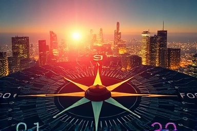 Symbolic compass guiding futuristic cityscape on circuit boards