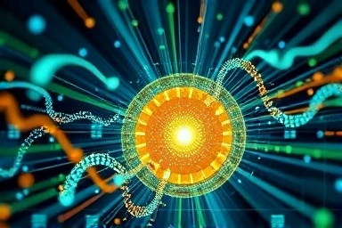 Abstract visualization of data streams converging into a glowing core