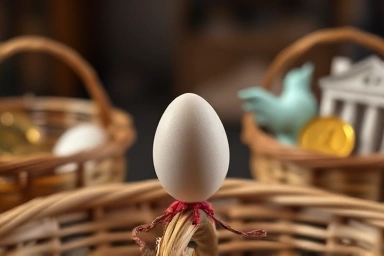 Single egg at risk on basket edge, diversified assets in background.